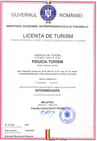 Licenta turism activitate intermediara online FIDUCIA TURISM